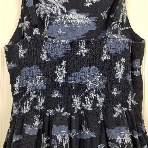 Romper Linen Smocked Wide Leg Cropped Pockets Blue Jumpsuit Scenic Print - Picture 8 of 13